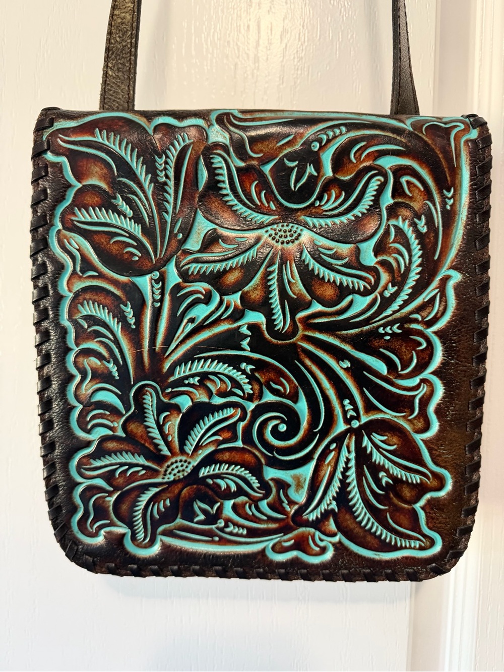 Handcrafted Turquoise-Accented Tooled Leather Crossbody Bag